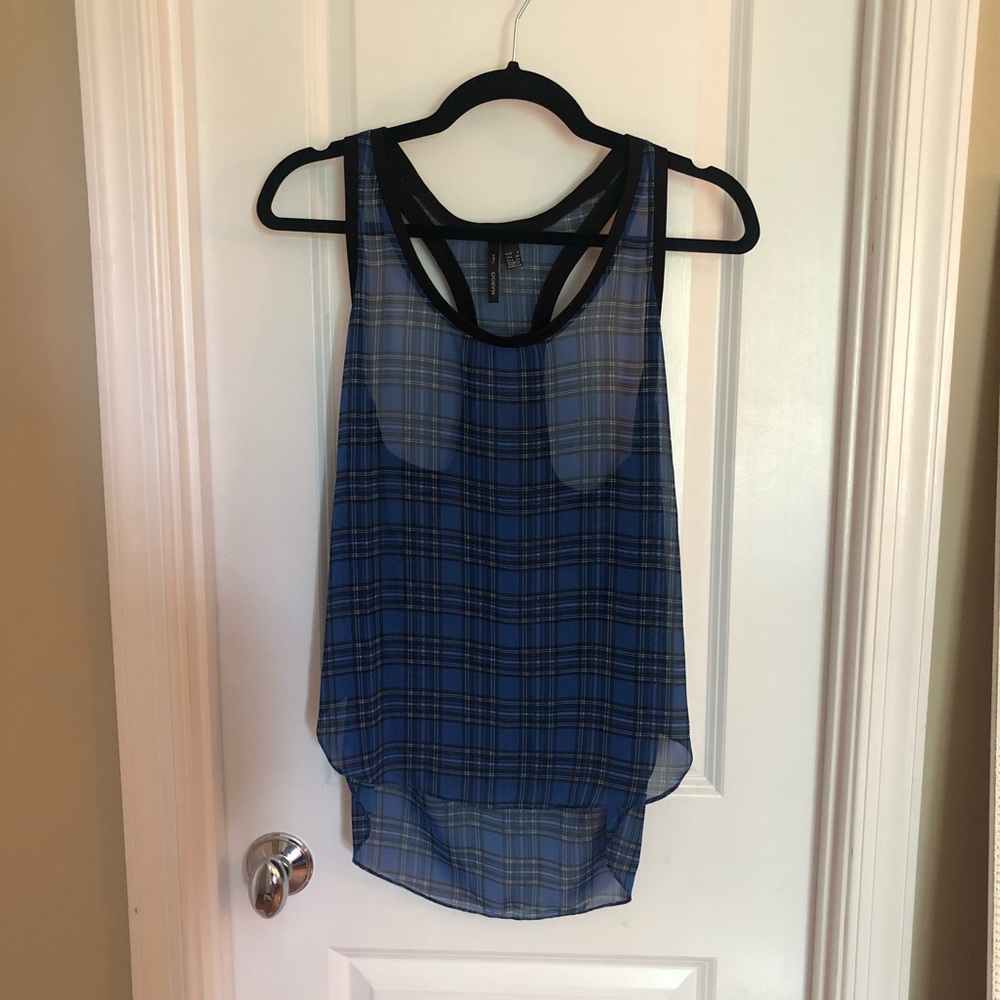 Mango Suit Checkered Blue Tank Top with Side Slit